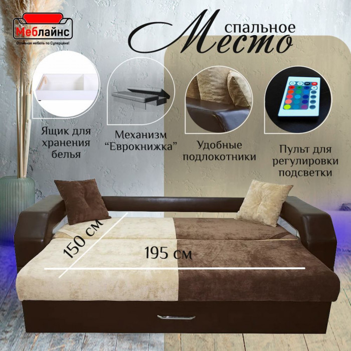 Диван-кровать Манчестер, еврокнижка, велюр/экокожа, 150х195, комби