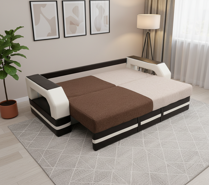 Диван-еврокнижка Манчестер, пружинный блок, 150х195, велюр/экокожа бежево-коричневый