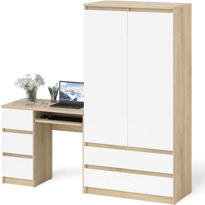 Мори компьютерный стол МС-6 левый + Шкаф МШ900.1, дуб сонома/белый