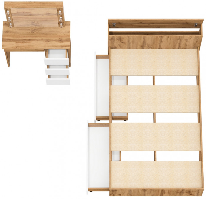 Ксения Кровать с ящиками 1200 + Стол косметический с подсветкой Сура, дуб вотан/белый