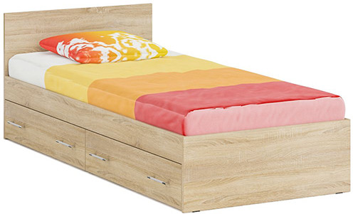 Стандарт Кровать с ящиками 0900, цвет дуб сонома, ШхГхВ 93,5х203,5х70 см., сп.м. 900х2000 мм., без матраса, основание есть