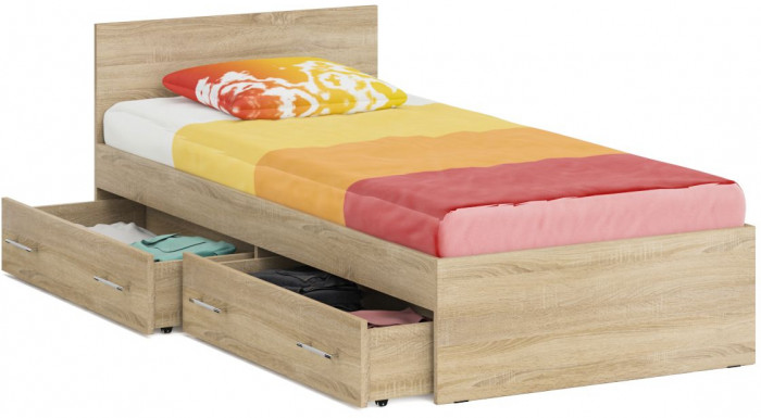 Стандарт Кровать с ящиками 0900, цвет дуб сонома, ШхГхВ 93,5х203,5х70 см., сп.м. 900х2000 мм., без матраса, основание есть