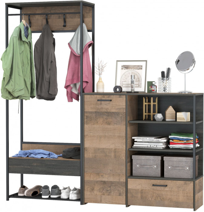 Трувор 15.120 Прихожая + 13.307.01 Комод, цвет дуб гранж песочный/интра, ШхГхВ 189х36,9х194,2 см., универсальная сборка