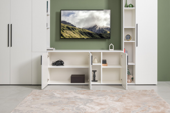 Эйр Гостиная 16.55 Тумба под ТВ, цвет белый шагрень, ШхГхВ 140х38,3х62,7 см., универсальная сборка