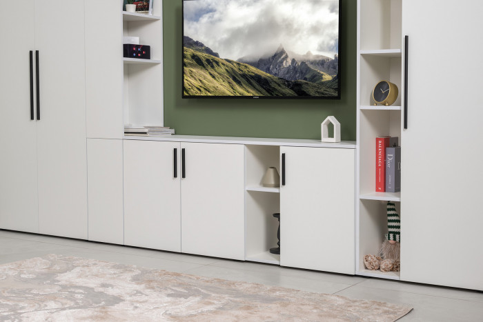 Эйр Гостиная 16.55 Тумба под ТВ, цвет белый шагрень, ШхГхВ 140х38,3х62,7 см., универсальная сборка