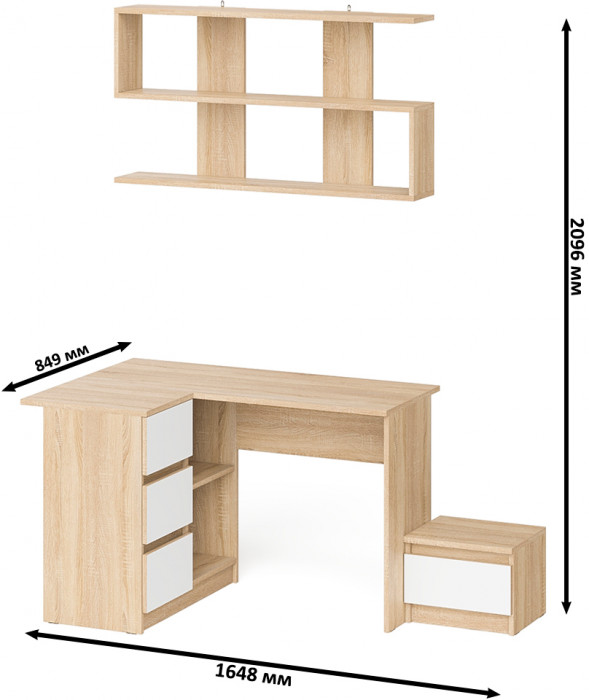 Мори компьютерный стол МС-16 левый + Тумба ТМП400.1 + Полка 1200, дуб сонома/белый