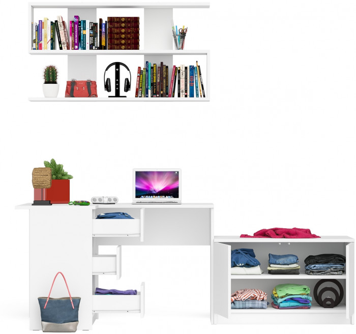 Мори компьютерный стол МС-16 левый + Тумба МА900.1 + Полка 1200, белый