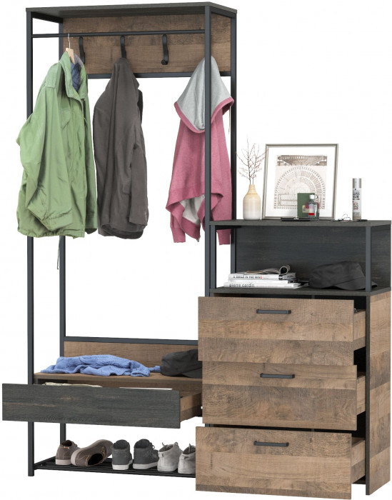 Трувор 15.120 Прихожая + 13.307.02 Комод с ящиками, цвет дуб гранж песочный/интра, ШхГхВ 146х37х194,2 см., универсальная сборка