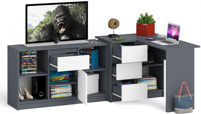 Мори Стол компьютерный МС-16 левый + Тумба МТВ1204.1, цвет графит/белый, ШхГхВ 244,8х84,9х76,6 см., выдвижные ящики слева, НЕ универсальная сборка