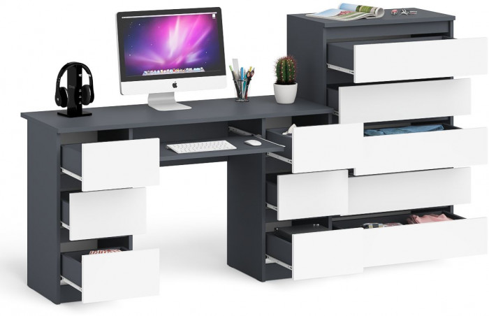 Мори Стол компьютерный МС-2 + Комод МК700.5, цвет графит/белый, ШхГхВ 205,8х50х114 см., универсальная сборка