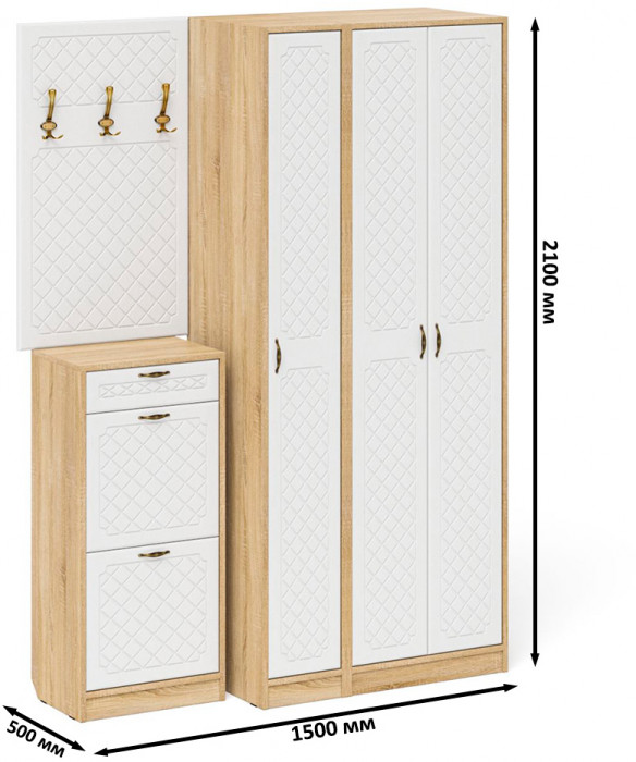 Прихожая П-6 Компоновка № 50, цвет дуб сонома/фасады МДФ белое дерево фрезеровка ромб, ШхГхВ 150х50х210 см., универсальная сборка
