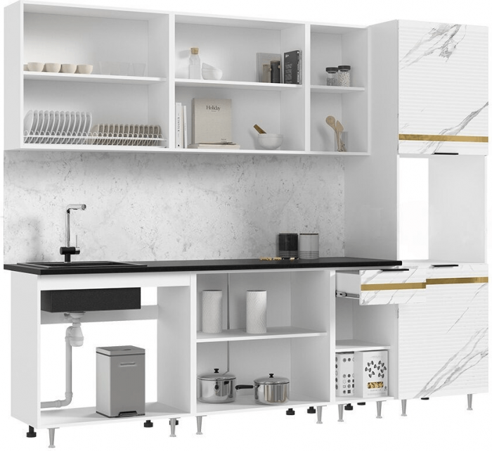 Кухня МДФ Милена 2600 (Белый, Мрамор блэк софт, Антарес)