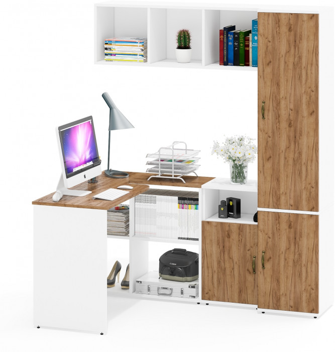 Лидер-8 Стол + Полка + Тумба МД 3.19 + Пенал МД 21Б, белый шагрень/крафт золото