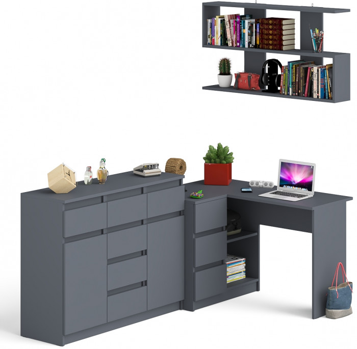 Мори компьютерный стол МС-16 левый + Комод МК1200.4 + Полка 1200, графит