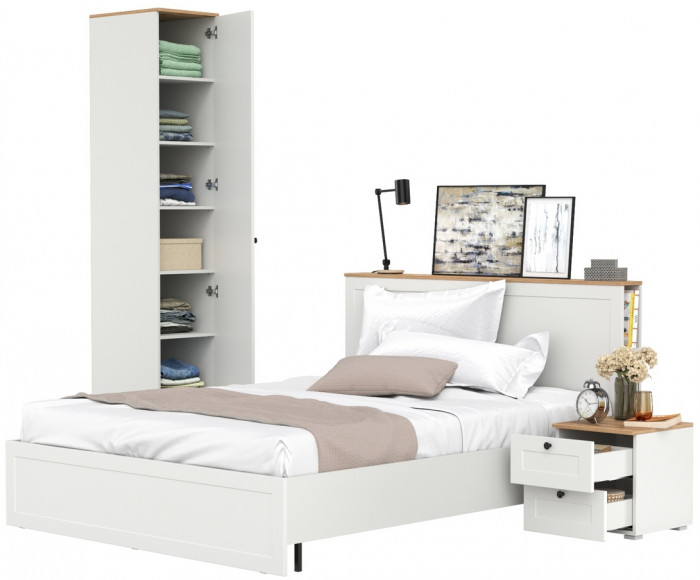 Остин 11.53 Кровать + ортопед + 13.225 Шкаф-пенал + 16.152 Тумба прикроватная, белый шагрень/дуб крафт золотой