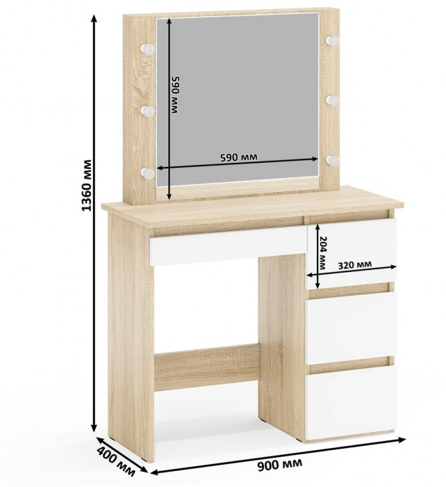 Ксения Кровать с ящиками 1200 + Стол косметический с подсветкой Сура, дуб сонома/белый