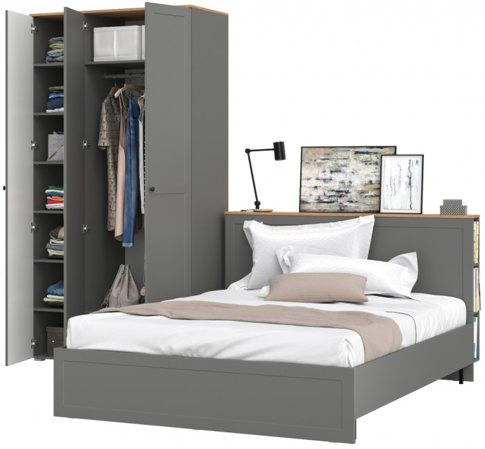 Остин 11.53 Кровать + ортопед + 13.336.03 Шкаф для одежды, серый графит/дуб крафт золотой
