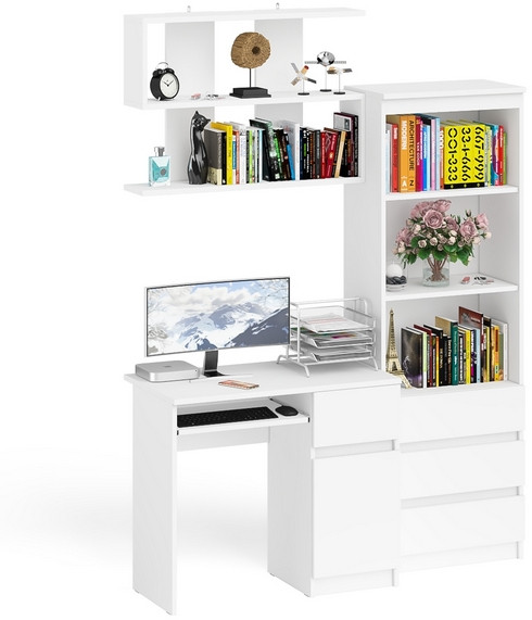 Мори Стол компьютерный МС-1 правый + Стеллаж МСТ600.3 + Полка 900, цвет белый, ШхГхВ 150,4х50х209,6 см., НЕ универсальная сборка