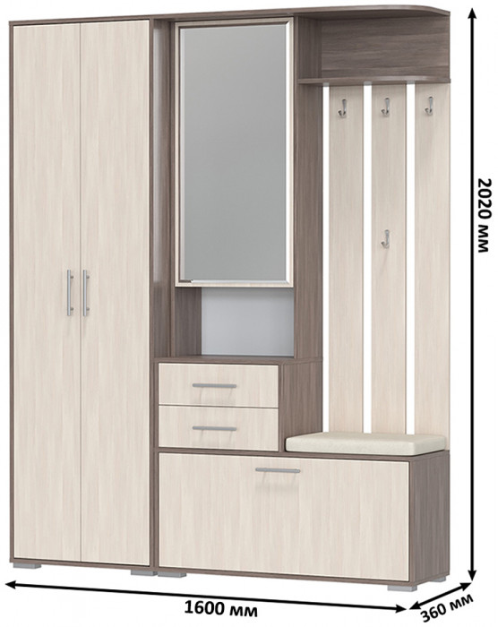 Прихожая 2-3430+2-3431бод.тем/св Домино - Комплект для прихожей, цвет бодега тёмный/бодега светлый, ШхГхВ 160х36х202 см., универсальная сборка
