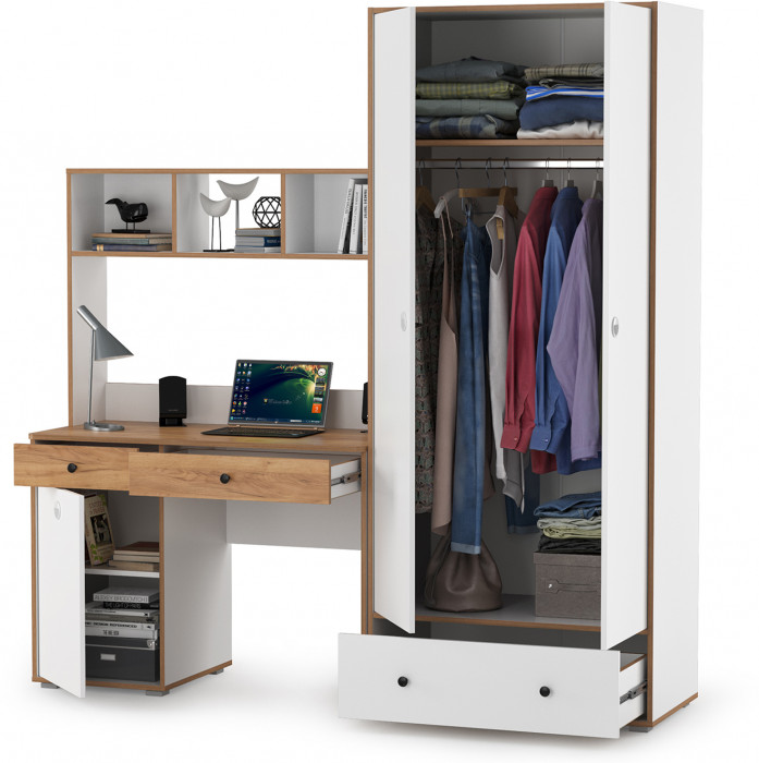 Вуди Компоновка № 20, цвет белый премиум/дуб крафт золотой, ШхГхВ 196х52,7х205 см., универсальная сборка