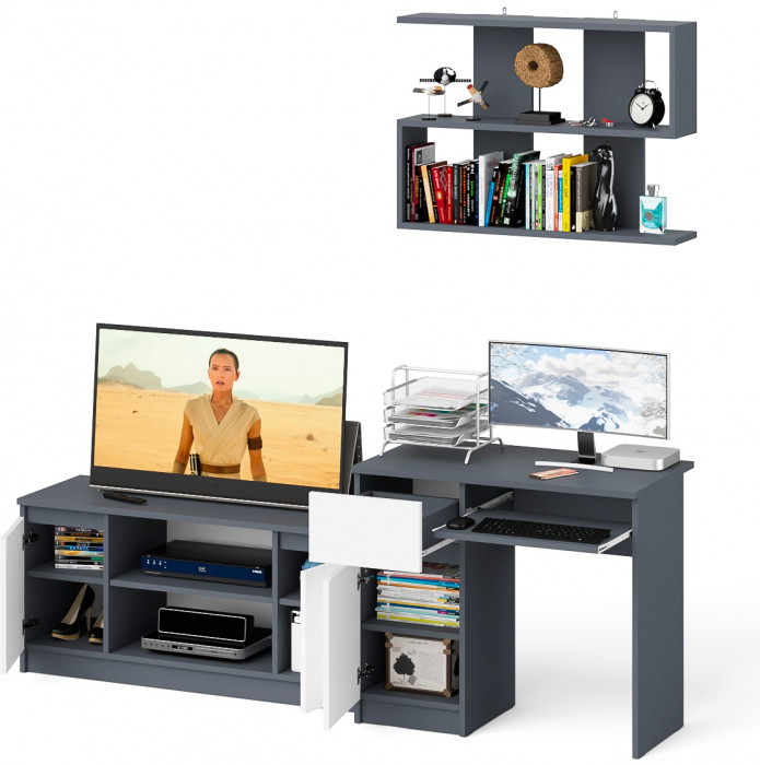 Мори компьютерный стол МС-1 левый + Тумба МТВ1200.1 + Полка 900, графит/белый