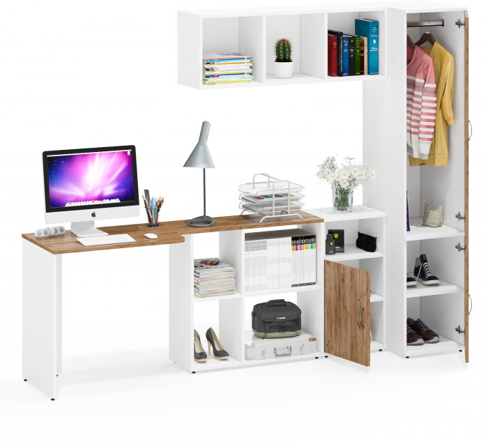 Лидер-8 Стол + Полка + Тумба МД 3.19 + Пенал МД 23Б, белый шагрень/крафт золото