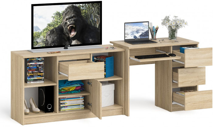 Мори компьютерный стол МС-6 правый + Тумба МТВ1204.1, дуб сонома