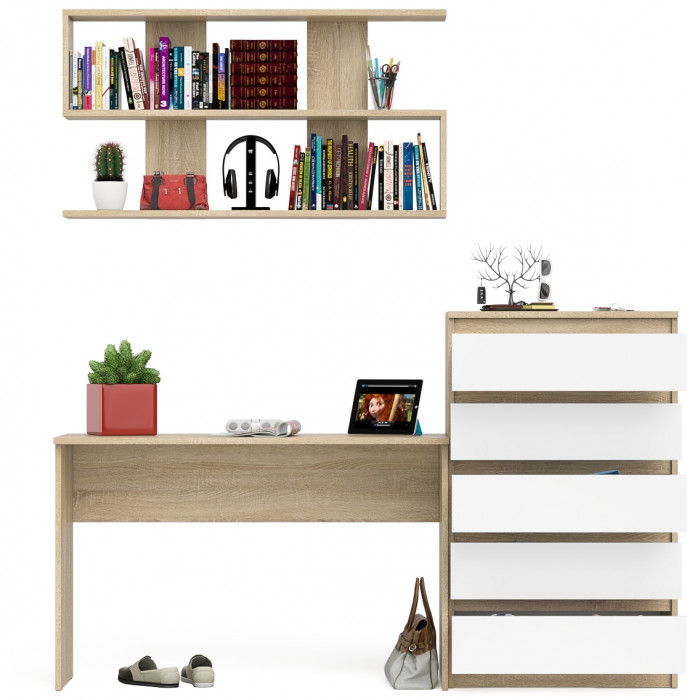 Мори письменный стол МСП1200.1 + Комод МК700.5 + Полка 1200, дуб сонома/белый