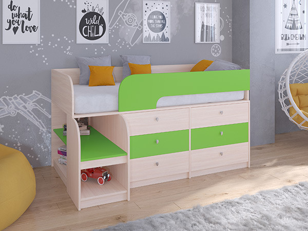 Кровать чердак Астра 9 V3 Дуб молочный/Салатовый