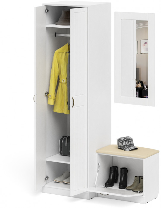 Прихожая П-6 Компоновка № 11, цвет белая шагрень/фасады МДФ белое дерево фрезеровка прованс, ШхГхВ 120х50х210 см., универсальная сборка