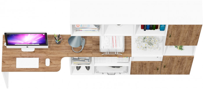 Лидер-8 Стол + Полка + Тумба МД 3.19 + Пенал, белый шагрень/крафт золото