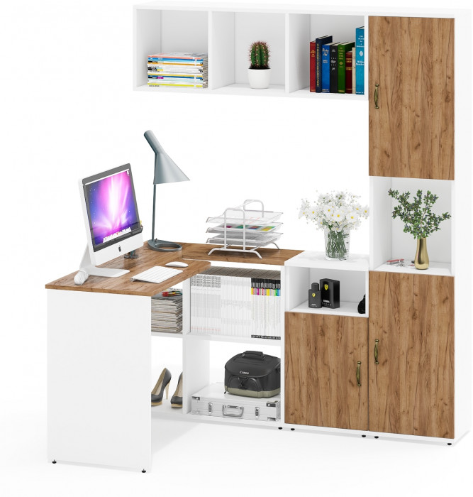 Лидер-8 Стол + Полка + Тумба МД 3.19 + Пенал, белый шагрень/крафт золото