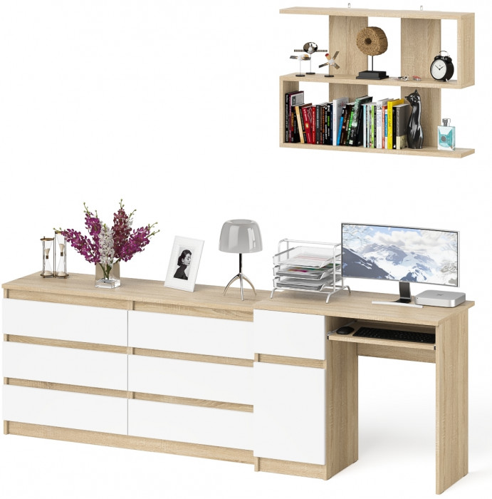 Мори компьютерный стол МС-1 левый + Комод МК1380.6 + Полка 900, дуб сонома/белый