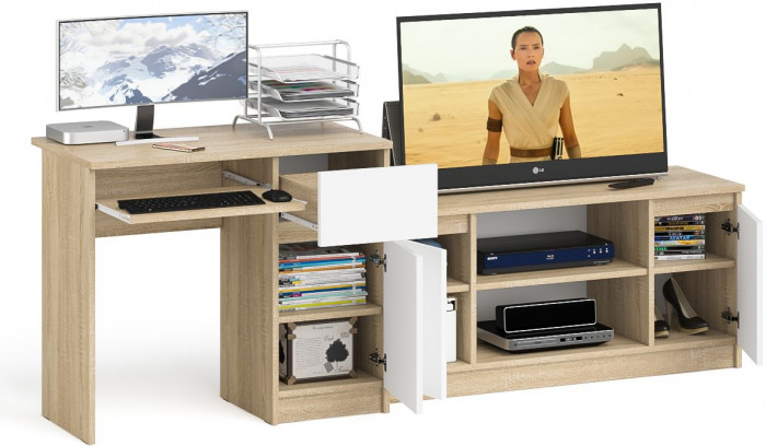 Мори компьютерный стол МС-1 правый + Тумба МТВ1200.1, дуб сонома/белый