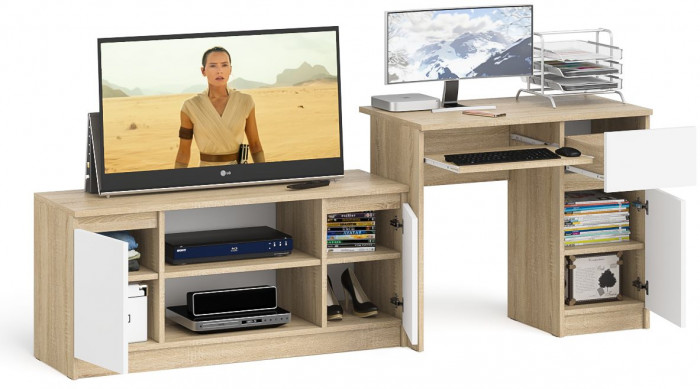 Мори компьютерный стол МС-1 правый + Тумба МТВ1200.1, дуб сонома/белый