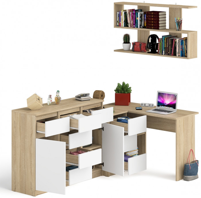 Мори компьютерный стол МС-16 левый + Комод МК1200.4 + Полка 1200, дуб сонома/белый
