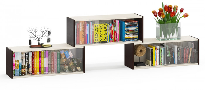 Три полки книжных С-МД-КН01, цвет венге/дуб, ШхГхВ размер каждой полки в отдельности: 83х25х30 см., стеклянные дверцы