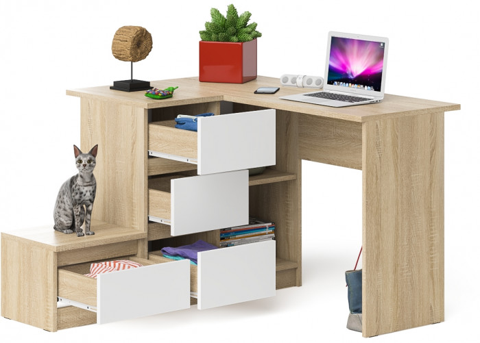 Мори компьютерный стол МС-16 левый + Тумба ТМП400.1, дуб сонома/белый