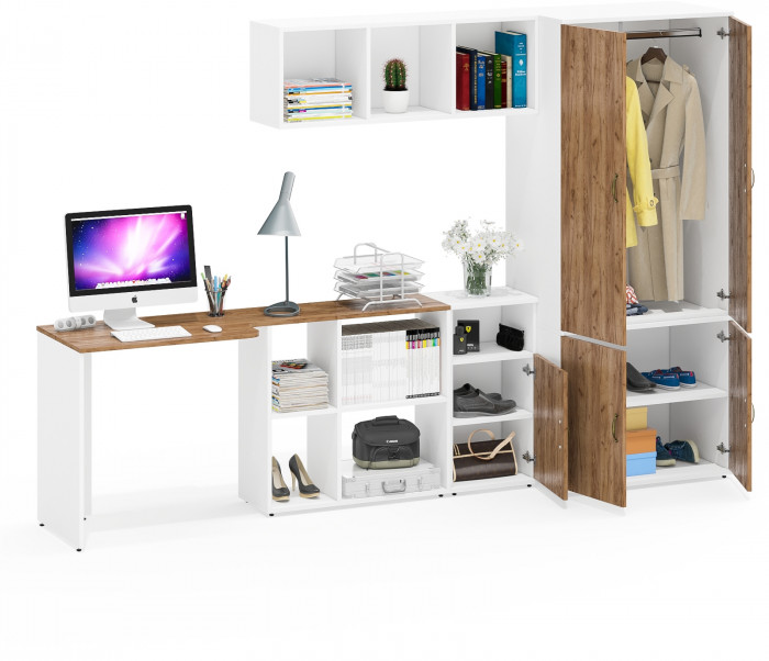 Лидер-8 Стол + Полка + Тумба МД 3.19 + Шкаф МД 19Б, белый шагрень/крафт золото