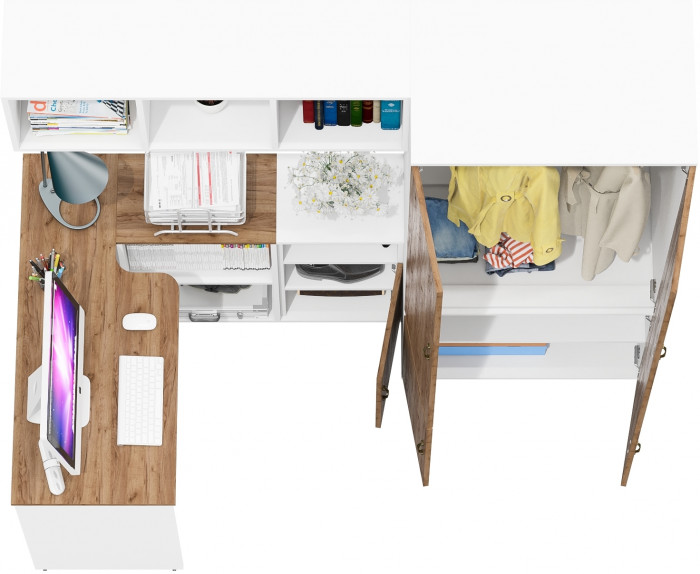 Лидер-8 Стол + Полка + Тумба МД 3.19 + Шкаф МД 19Б, белый шагрень/крафт золото