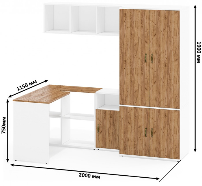 Лидер-8 Стол + Полка + Тумба МД 3.19 + Шкаф МД 19Б, белый шагрень/крафт золото