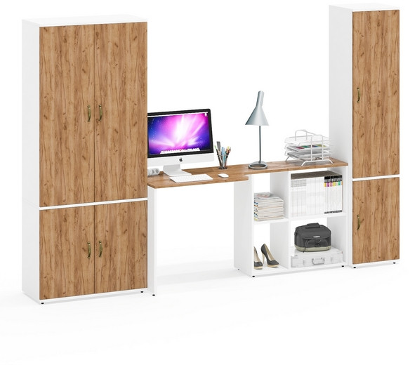 Лидер-8 Шкаф МД 20Б + Стол + Пенал 22Б, белый шагрень/крафт золото