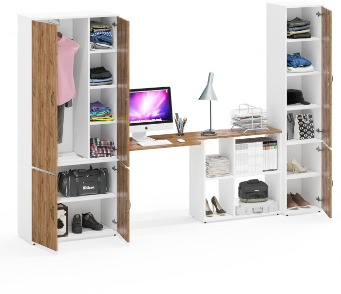 Лидер-8 Шкаф МД 20Б + Стол + Пенал 22Б, белый шагрень/крафт золото