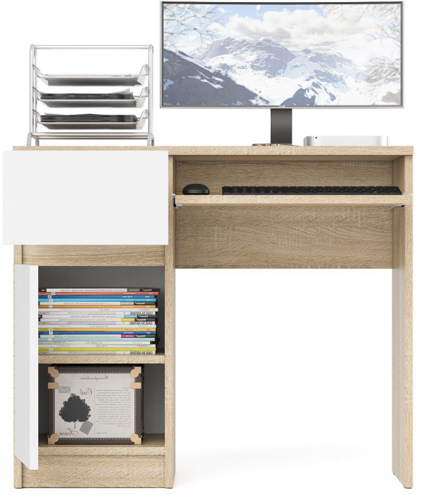 Мори Стол компьютерный МС-1 левый, цвет дуб сонома/белый, ШхГхВ 90х50х76,6 см., выдвижной ящик слева, НЕ универсальная сборка