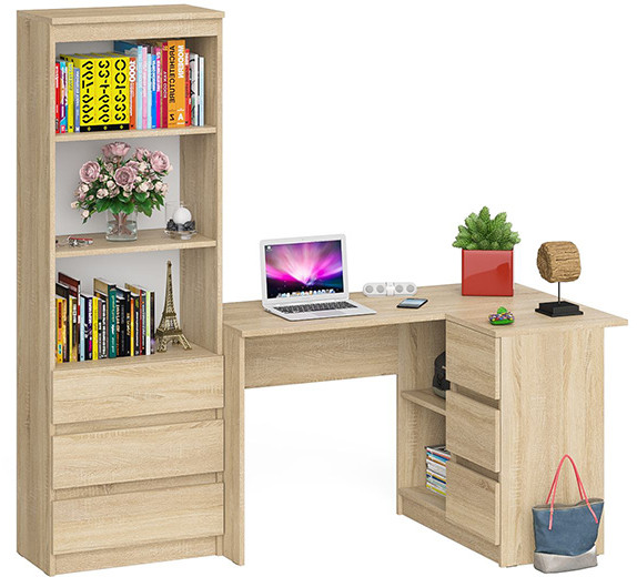 Мори Стол компьютерный МС-16 правый + Стеллаж МСТ600.3, цвет дуб сонома, ШхГхВ 184,8х84,9х179,6 см., выдвижные ящики справа, НЕ универсальная сборка