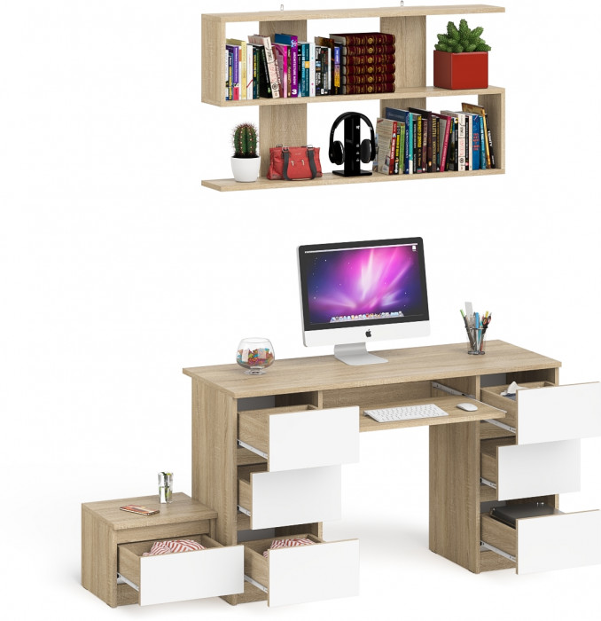 Мори Стол компьютерный МС-2 + Тумба ТМП400.1 + Полка 1200, цвет дуб сонома/белый, ШхГхВ 175,8х50х209,6 см., универсальная сборка