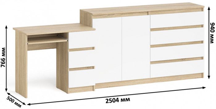 Мори Стол компьютерный МС-6 правый + Комод МК1600.1, цвет дуб сонома/белый, ШхГхВ 250,4х50х94 см., выдвижные ящики справа, НЕ универсальная сборка