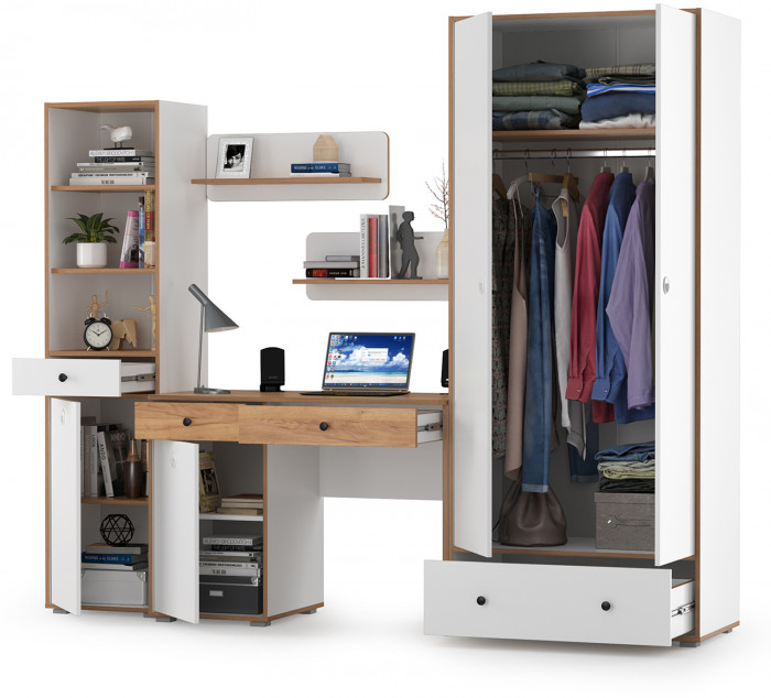 Вуди Компоновка № 23, цвет белый премиум/дуб крафт золотой, ШхГхВ 241х52,7х205 см., универсальная сборка