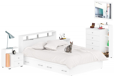 Камелия спальня № 12 Кровать с ящиками 1400 + Две тумбы + Комод + Зеркало, цвет белый, сп.м. 1400х2000 мм., б/м, основание есть