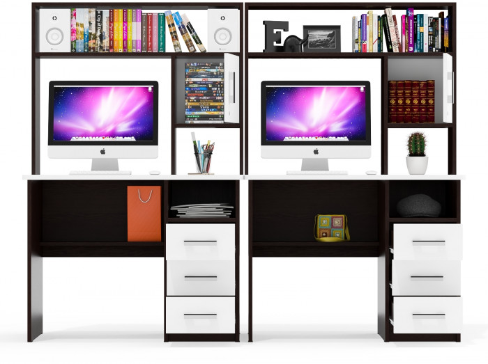 Стол компьютерный С-МД-СК9+Стол компьютерный С-МД-СК9, цвет венге/белый шагрень, ШхГхВ 204х70х160 см., НЕ универсальная сборка